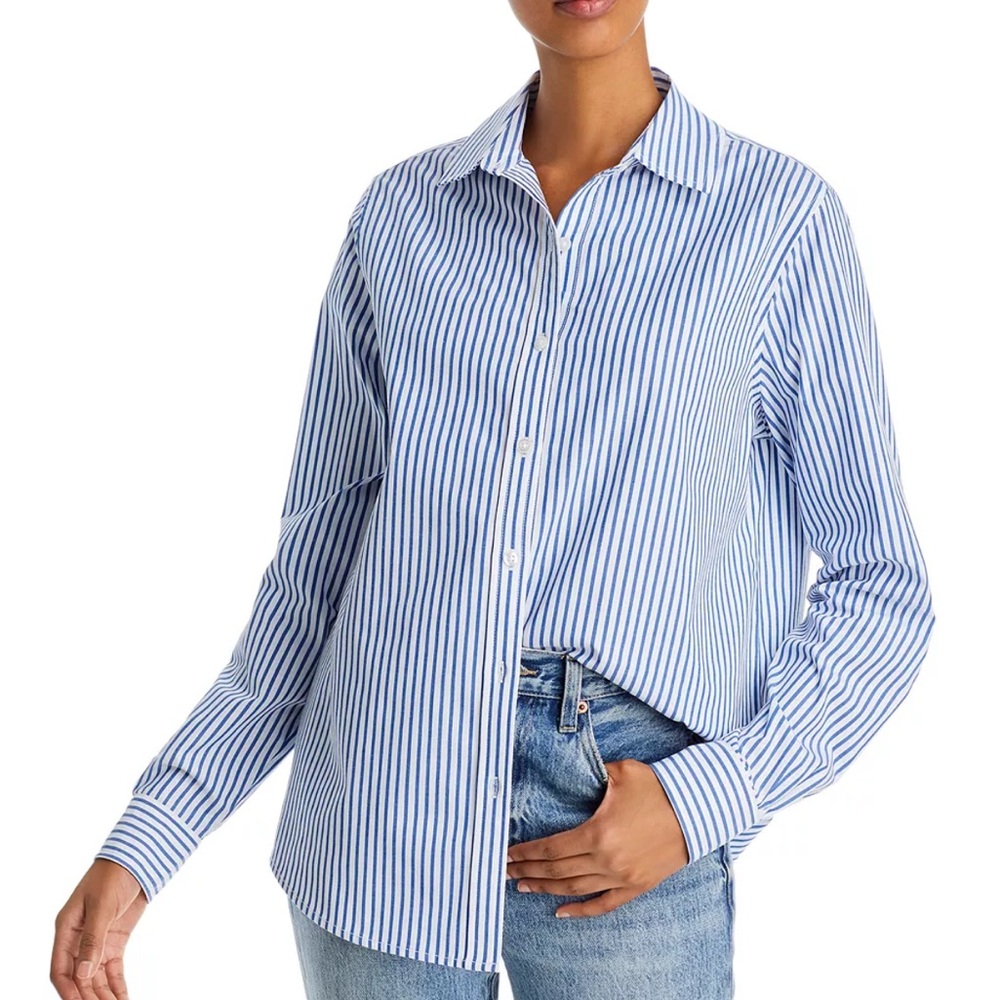 Casa Cabana Blue and White Vertical Stripe Button Down Blouse Size Medium